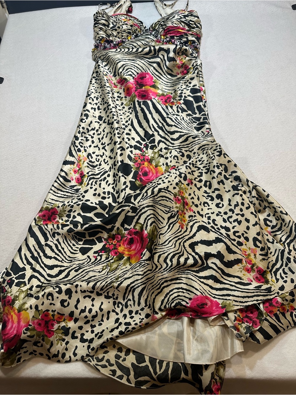Dave & Johnny Cream and Black Zebra Floral Halter Dress with Jeweled Waistband L